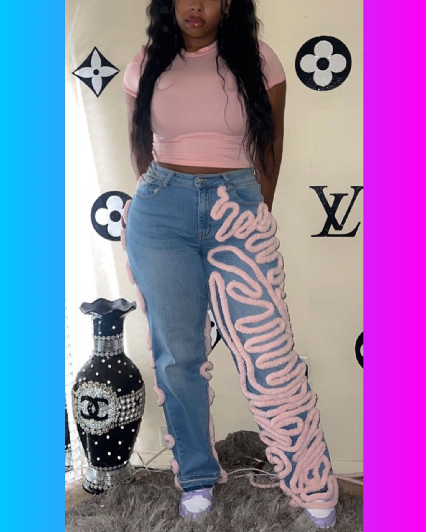 Custom one side design patch jeans